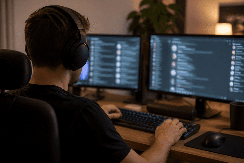Person styling a Discord username at a dual-monitor desk