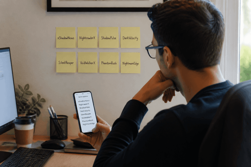 Person thoughtfully choosing a stylish username at a desk