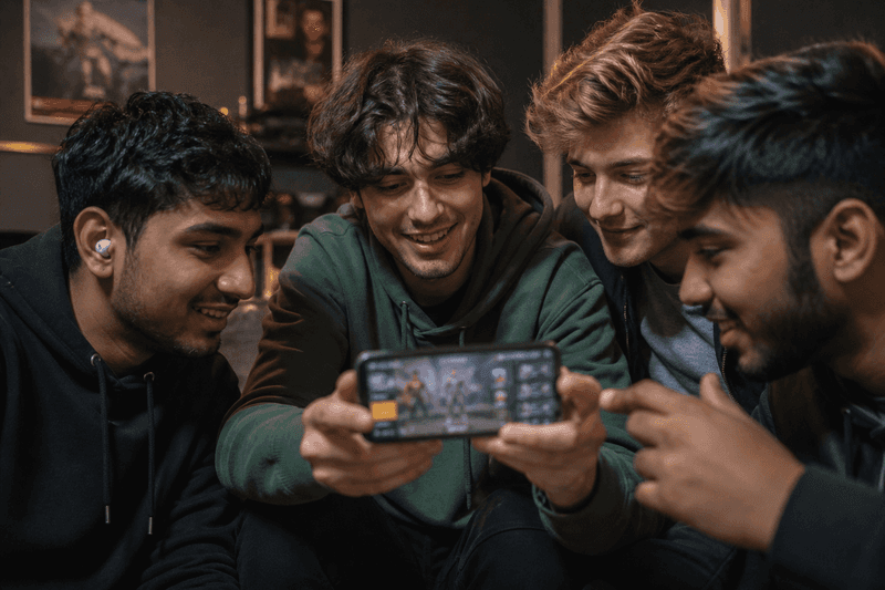 Squad friends planning a clan name around a phone